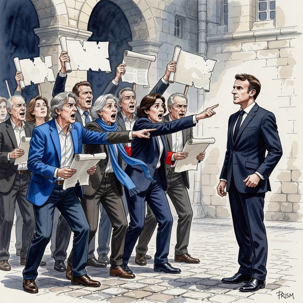 Des professionnels du théâtre interpellent Macron à Avignon contre les coupes budgétaires menaçant le spectacle vivant.