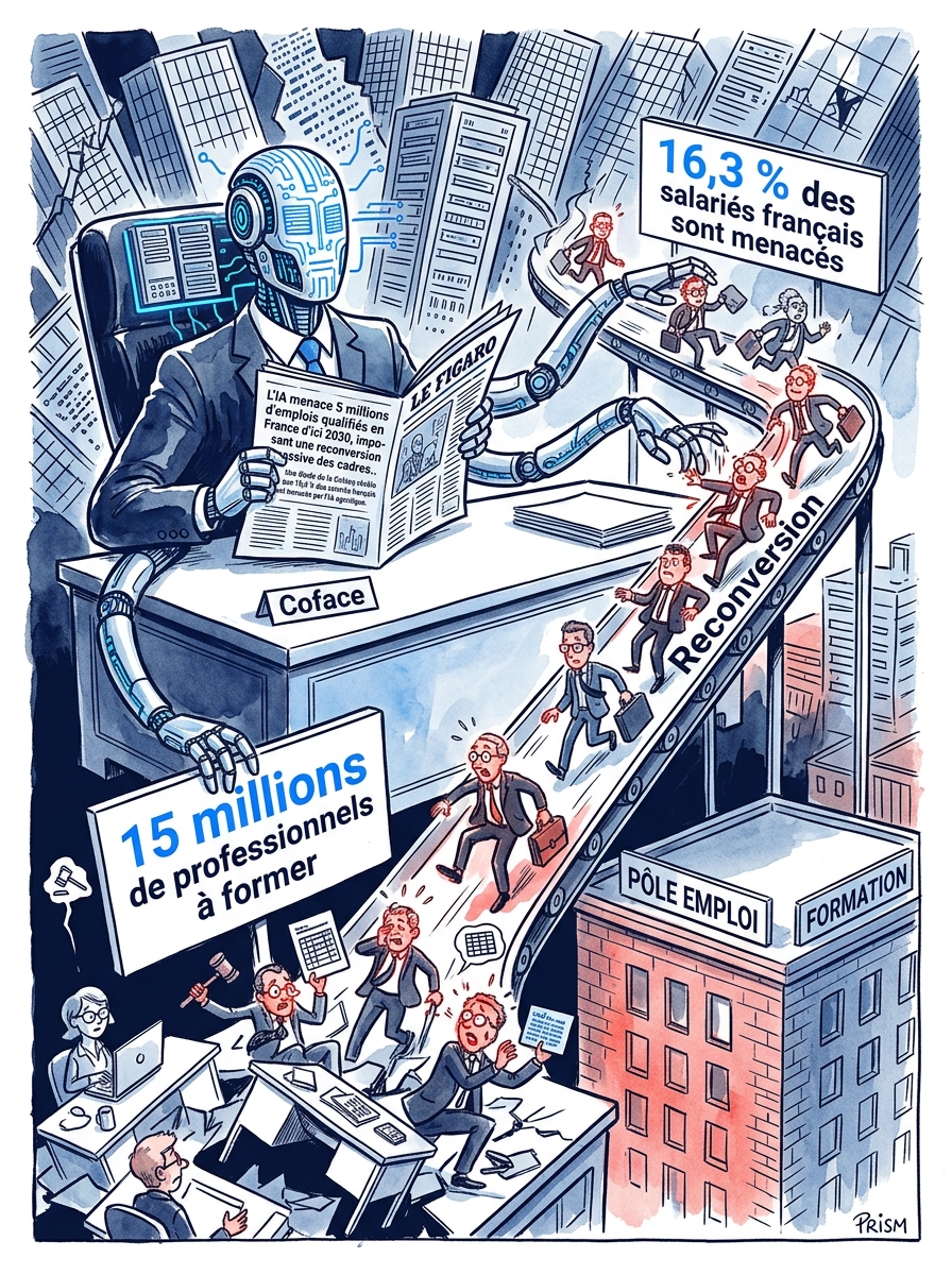 L'IA menace 5 millions d'emplois qualifiés en France d'ici 2030, imposant une reconversion massive des cadres.