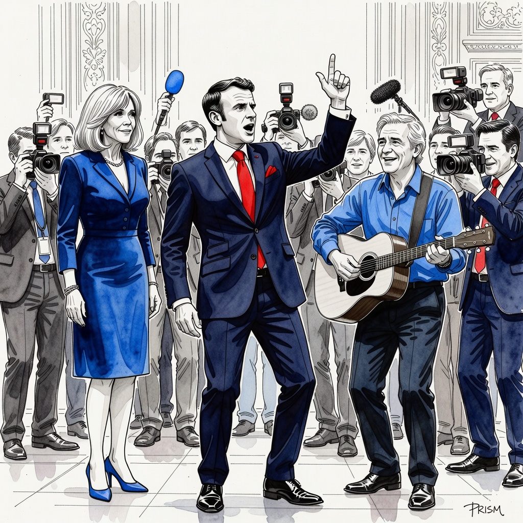 Macron chante son remix viral à la Fête de la musique à l’Élysée, attirant les médias.
