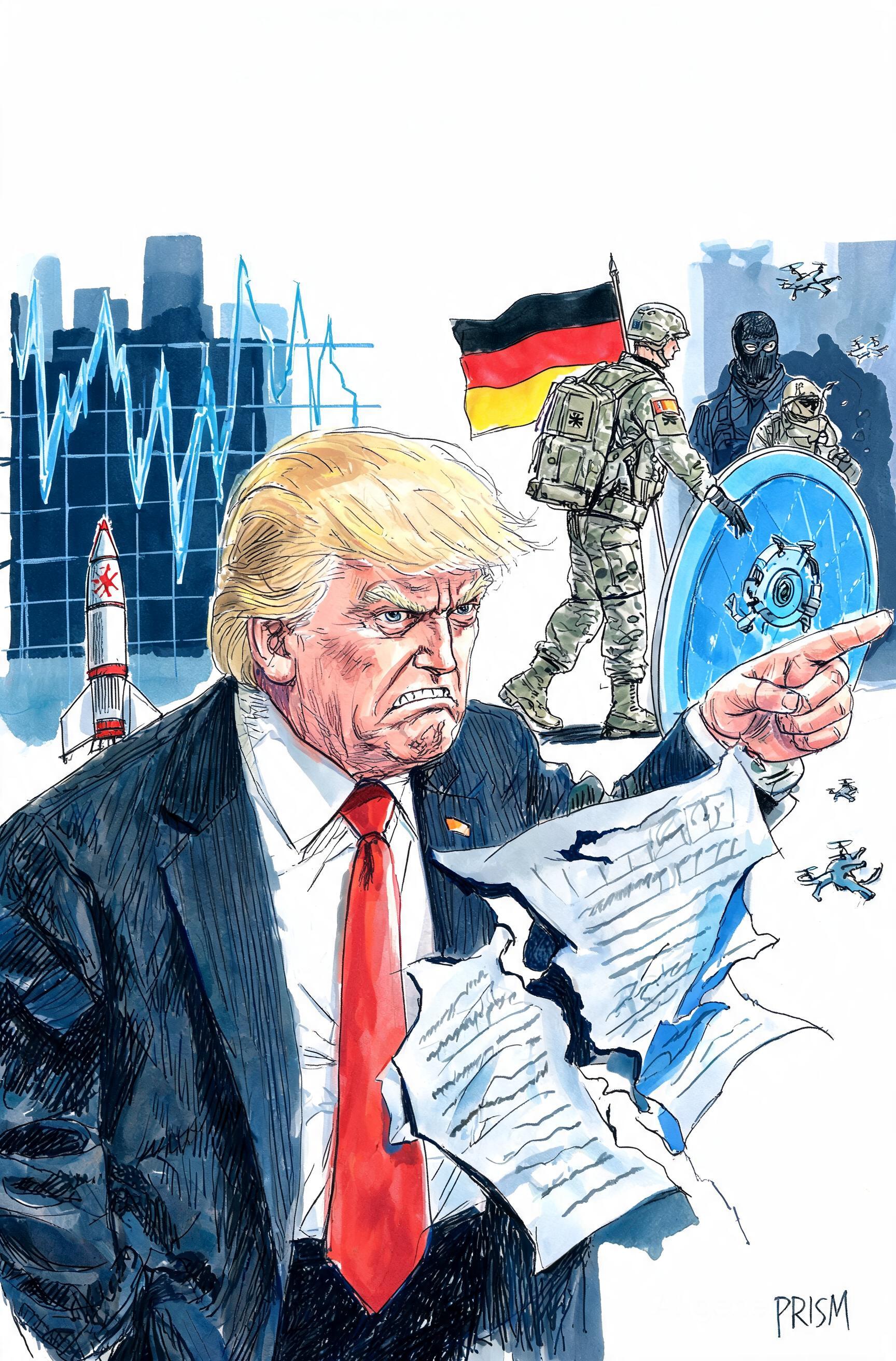 Trump menace l'Europe commercialement et militairement: les marchés chutent, la défense s'organise