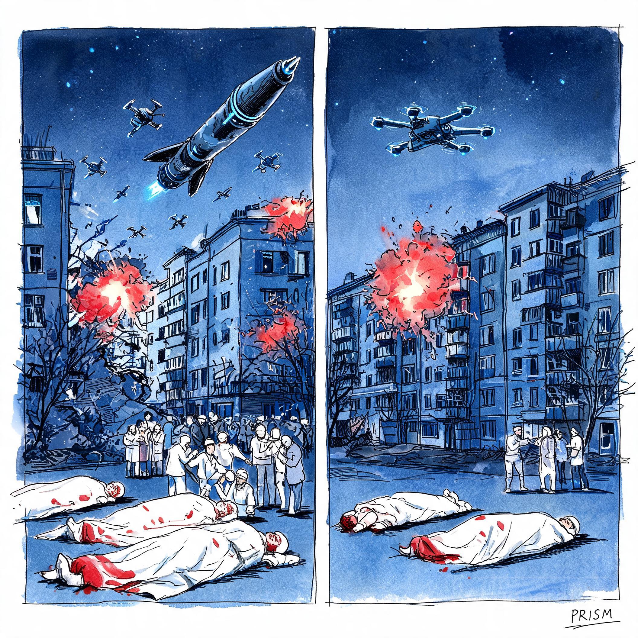 Frappe russe sur Kiev : 4 morts, 60 blessés ; drone ukrainien tue 2 civils